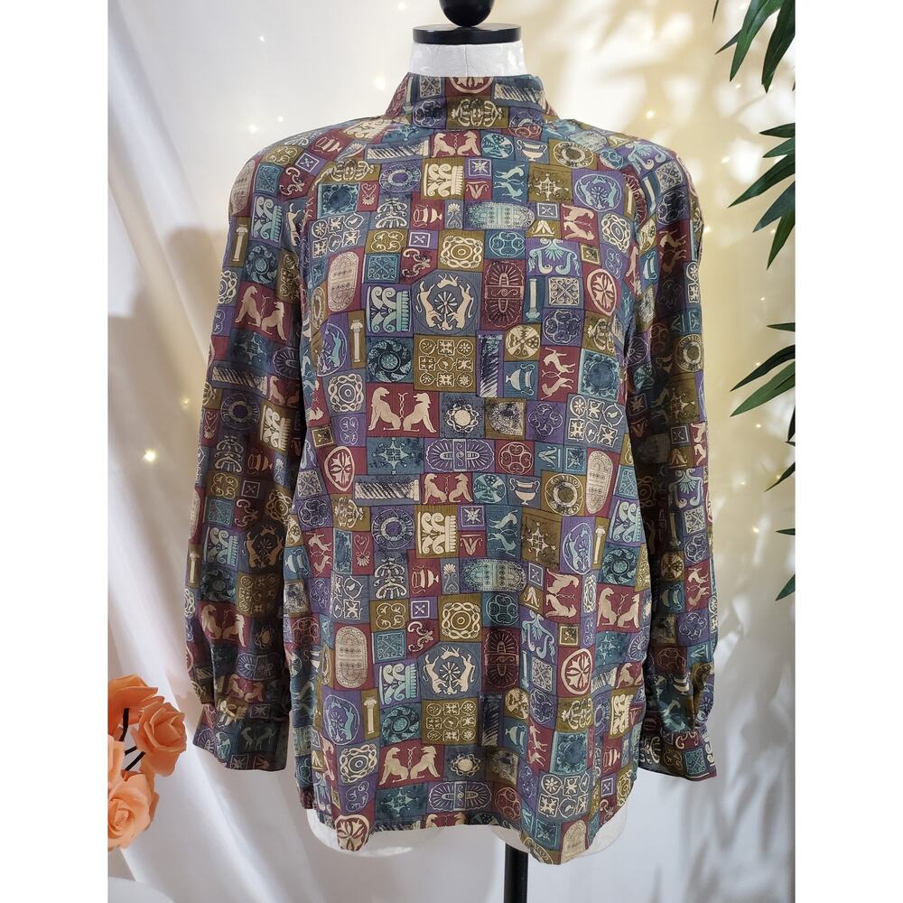 Silks VTG 80s 90s Egyptian Hieroglyph Long Sleeve Mock Blouse Womens Size M Top